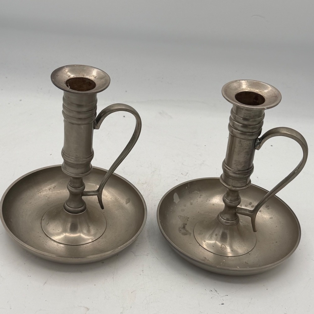 Vintage Brass Art Ware Brushed Pewter Chamberstick Candle Holders Pair AMC India